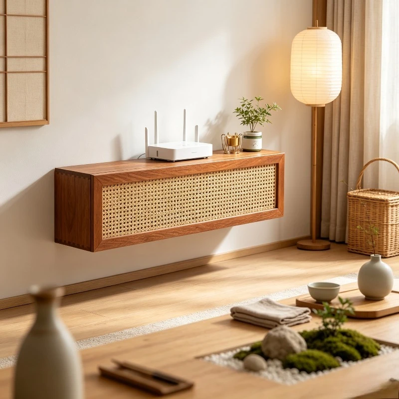 Wooden Wall Mount Router Storage Box Holder Organizer Rack No-Drill Cable Hider for Modem Power Strip WiFi Router Home Office