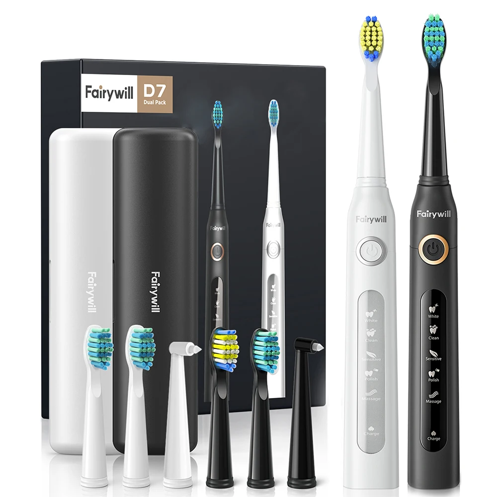 Fairywill Sonic Electric Toothbrush FW-D7 set USB Charge Toothbrushes case for Adult with tooth brush Heads 5 Mode Smart Time