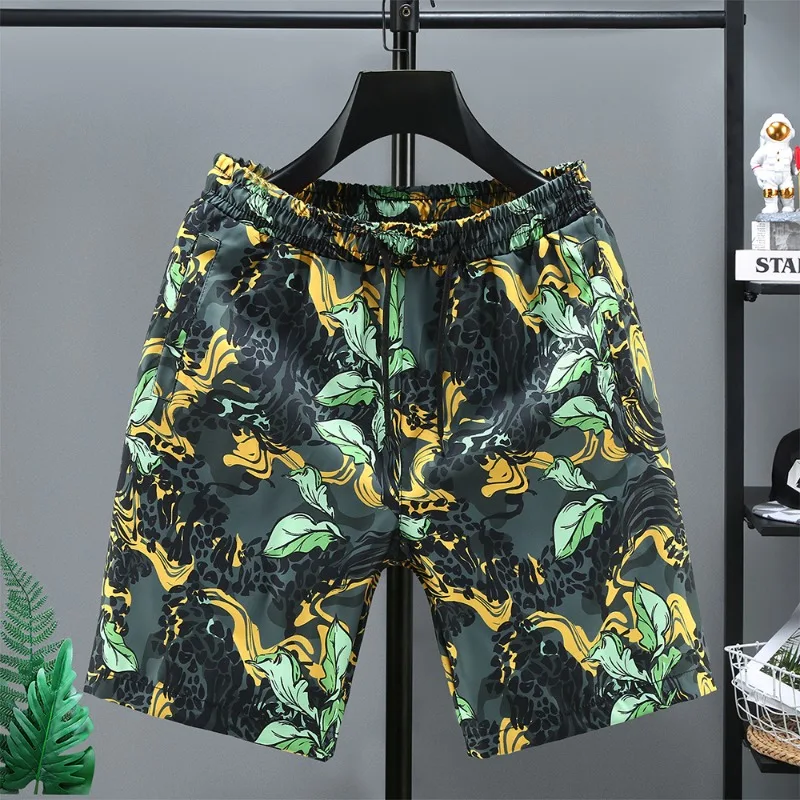 Men's Summer Ice Silk Shorts Quick Dry Loose Beach Shorts Casual Floral Print Knee Length Pants for Teen Boys