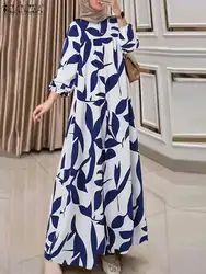 ZANZEA Casual O Neck Maxi Dress Muslim Fashion Islamic Ruffled Women A-line Vestidos Long Sleeve All-Over Printed Abaya Robes