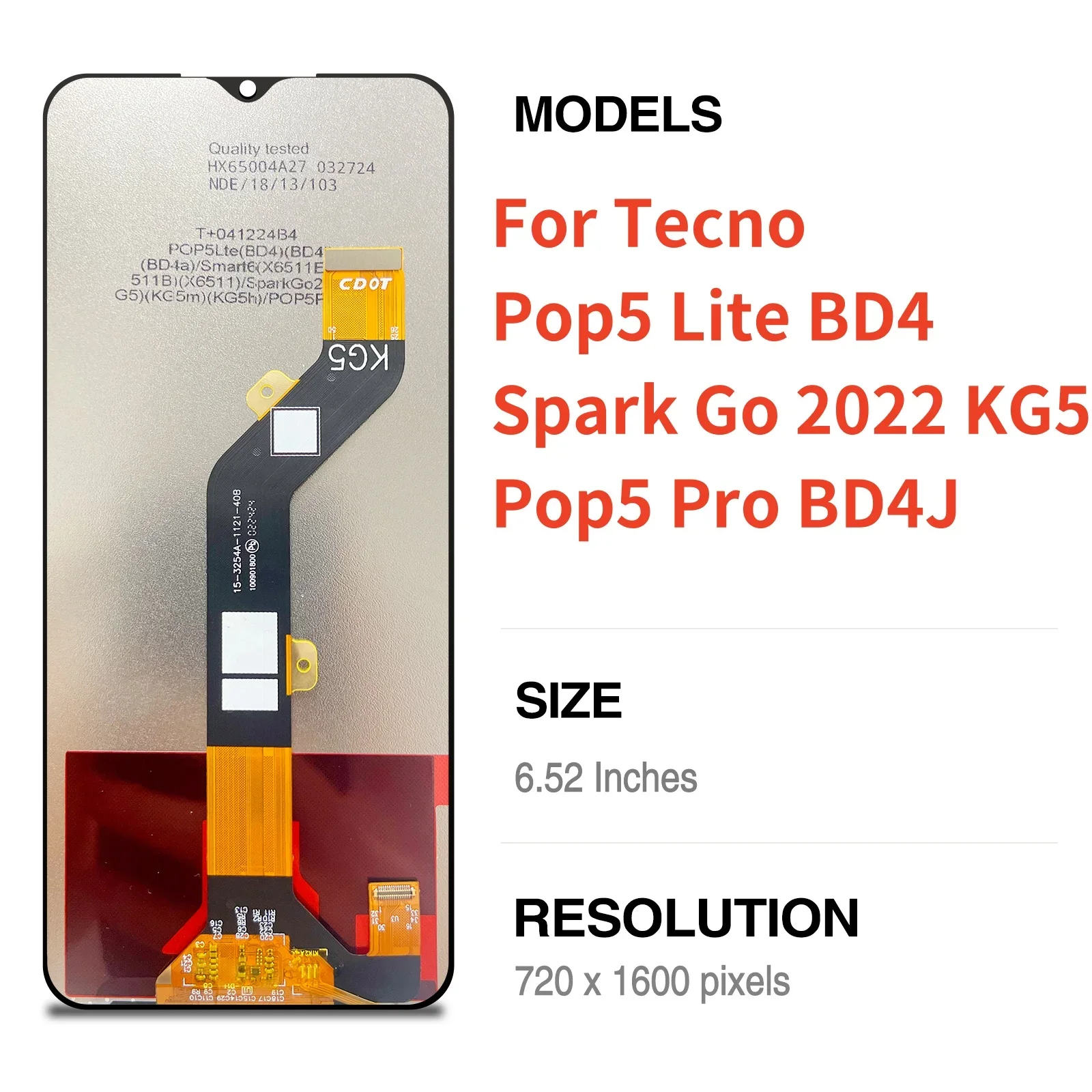 6.52 "per Tecno Pop5 Lite BD4 Pop5 Pro BD4J SparkGo 2022 KG5 Display LCD Touch Screen Digitizer Assembly sostituzione