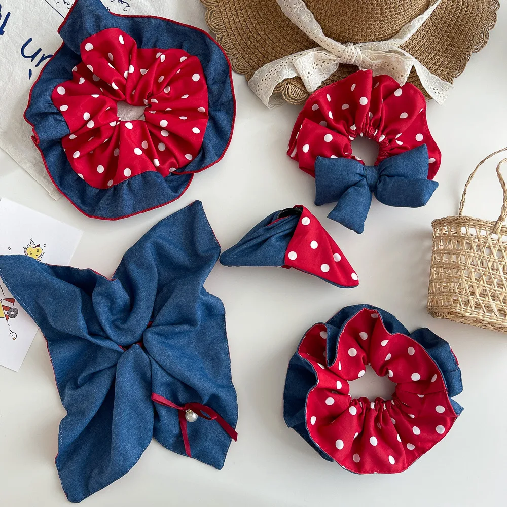 

Джинсовые резинки для волос в стиле ретро, красный, синий, в горошек, эластичная резинка для волос, детская веревка для волос, галстук, держатель для хвоста, резинка, аксессуары для волос для девочек