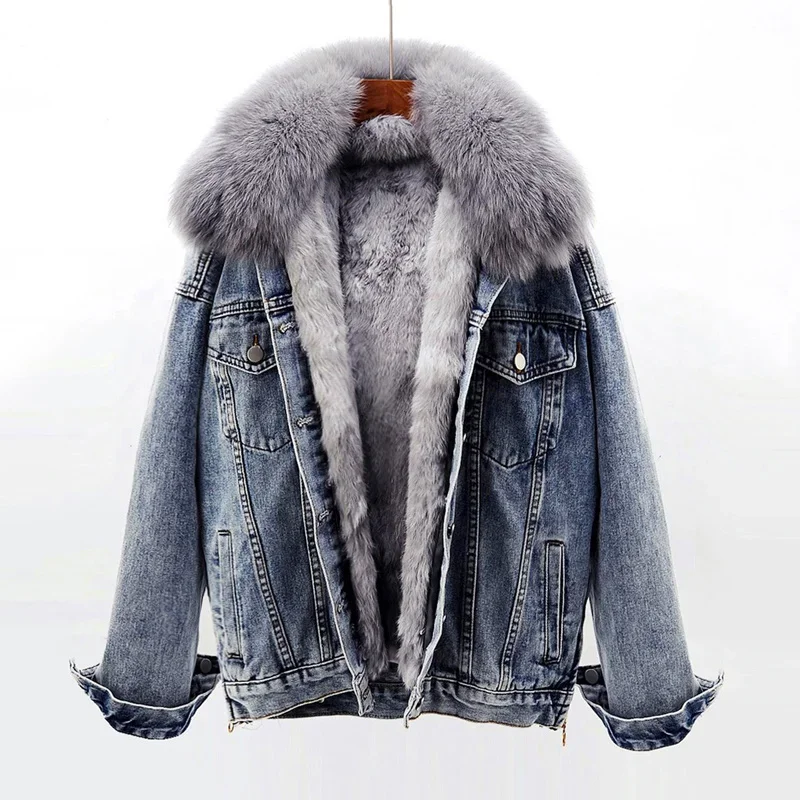 Winter Thick Warm Removable Fox Fur Collar Rabbit Fur Liner Denim Jacket Women Cowboy Outerwear Loose Short Jeans Jackets Female