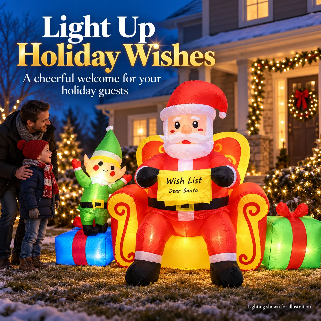 7FT Christmas Inflatable Santa Claus On Throne With Elf And Wish List LED Lighted Blow Up Giant Outdoor Yard Garden Decorations