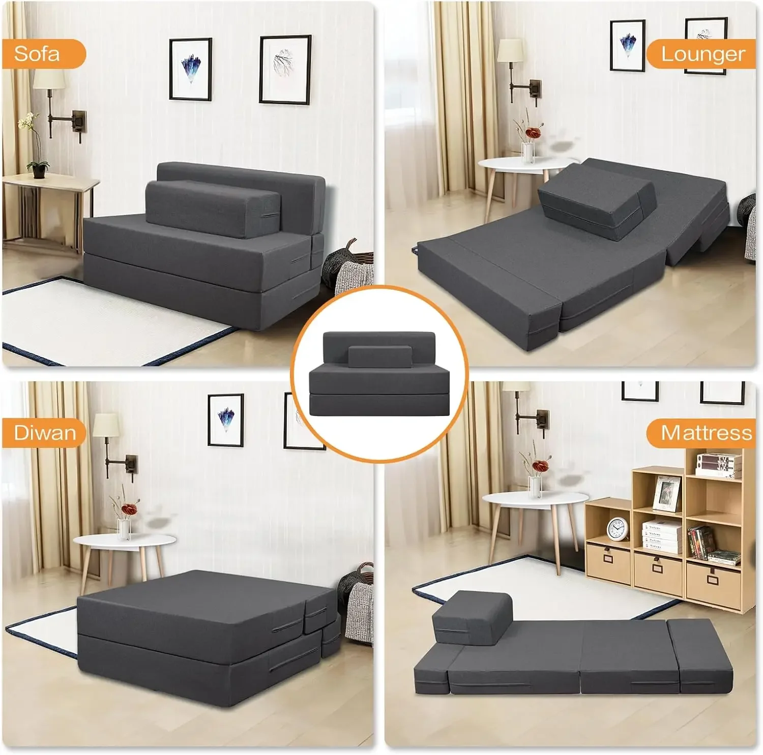 

Folding Sofa Couch with Armrest-Convertible Sleeping Mattress Guest Bed Lounger Foldable Mattress with Washable &Removable Cover