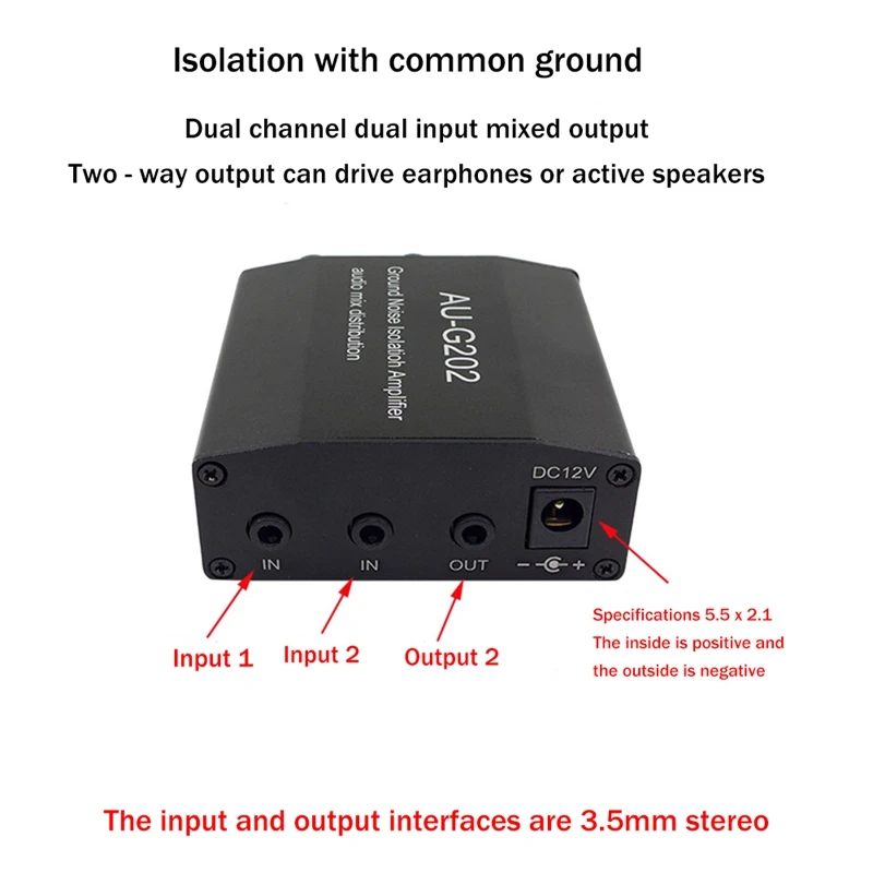 AUG202 Audio Mixer Distributor DC5-18V Ground Noise Lsolatioh Amplifier Dual Channel 2 in 2 Out Amplifier-A22U