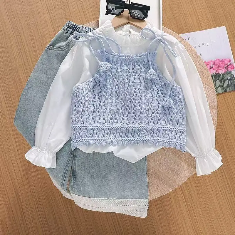 

Girls' Spring Set 2025 New Girl's Shirt Tank Top Korean Baby Girls' Elegant Children's Jeans 3-Piece Set