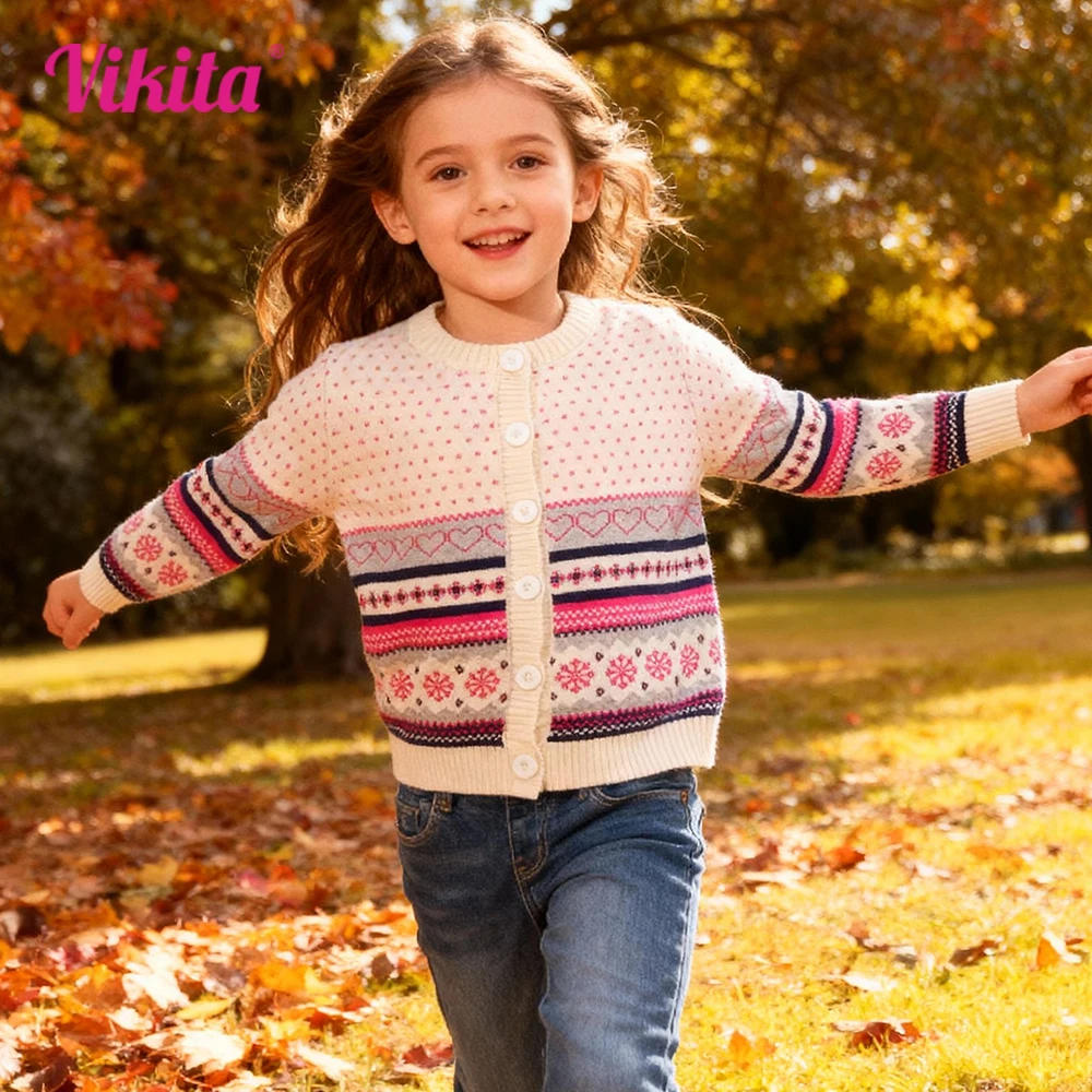 VIKITA Teenager Strickjacken Mädchen Schneeflocken Herzform Gestreift Lässige Mode Niedliche Pullover Kinder Mantel Oberbekleidung Tops Kostüme