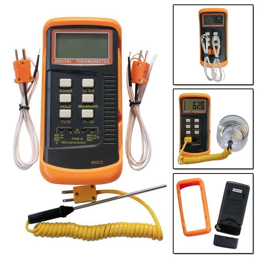 K-type Digital Thermocouple Professional LCD Thermocouple Thermometer 6802 Dual Channel Probe C/F/K With Data Retention Function