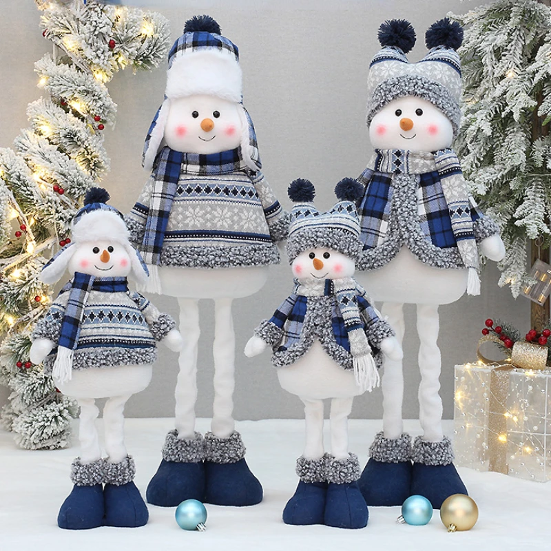 2023 New Christmas Decoration Blue Fabric Scalable Snowman New Year Children's Gift Doll Desktop Ornaments Xmas