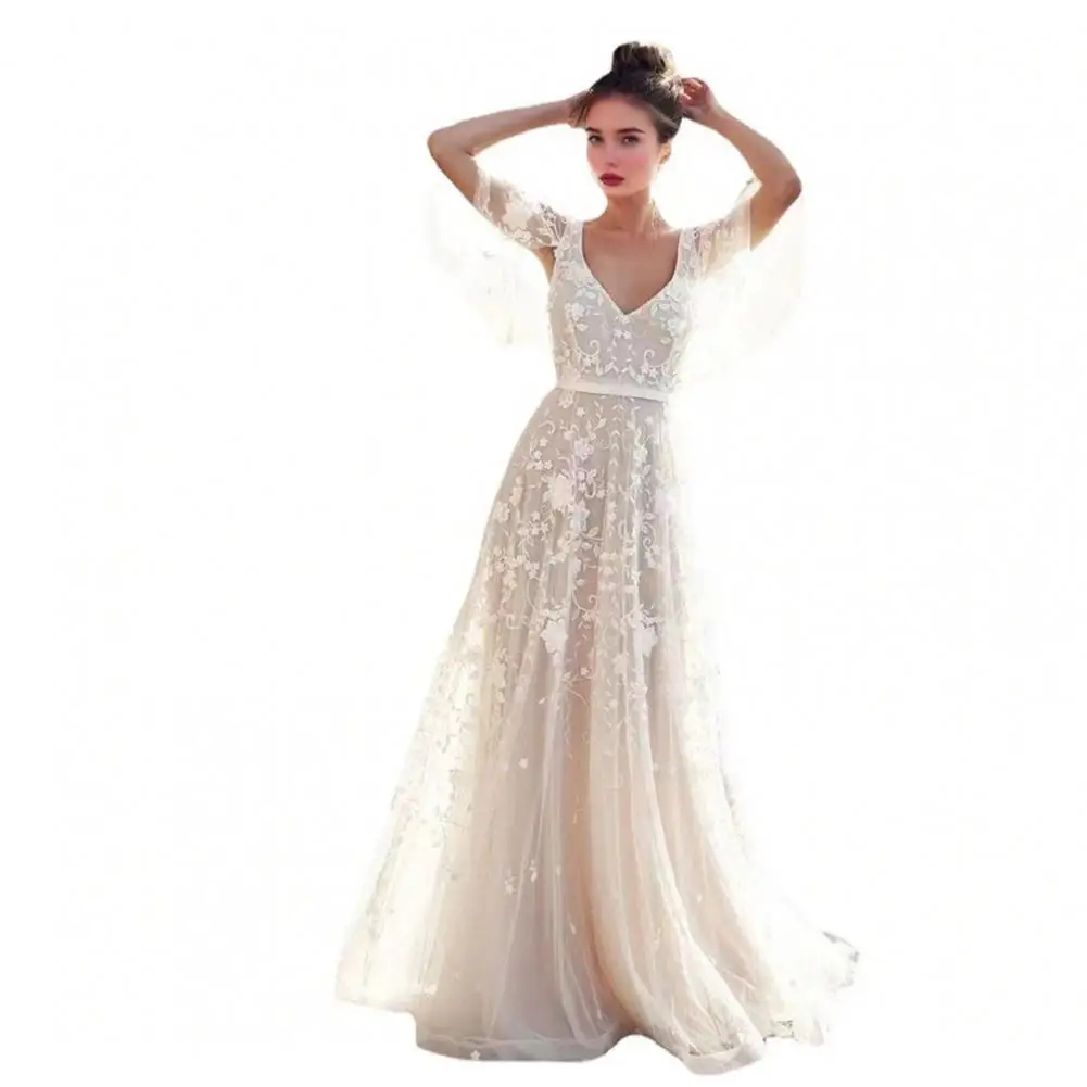 Loose Cut Dress Elegant Lace Flared Sleeve Wedding Dress with V Neck Open Back Boho Beach Bridal Ball Gown Mesh Gown for Bride V