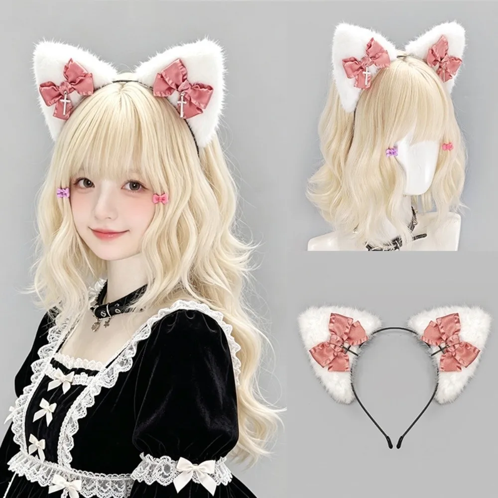 New Cross Cat Ear Headband Bowknot Handmade Furry Hair Band Plush Lolita Headwear Headwear
