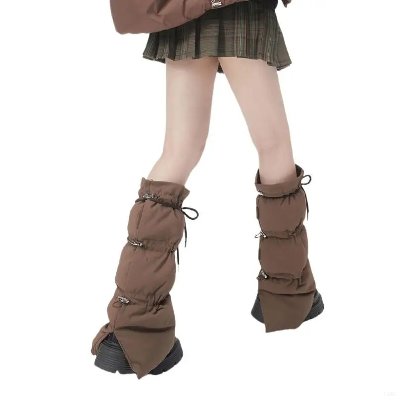 L5YC Winter Warm Puffer Leg Warmers with Drawstring Adjustment Baggy Loose Boot Covers Fashion Leg Covers Knee Length Socks
