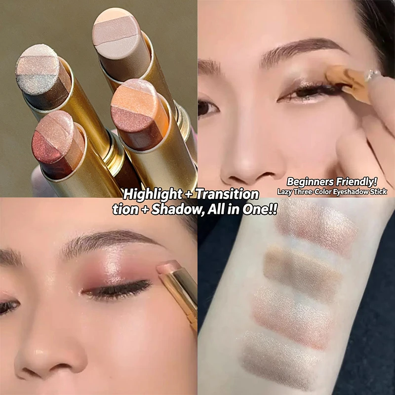 2 pcs 3-in-1 Cream Eyeshadow Stick Matte & Shimmer, Smooth Easy Apply Long Lasting Multicolor Eye Shadow for Daily Makeup