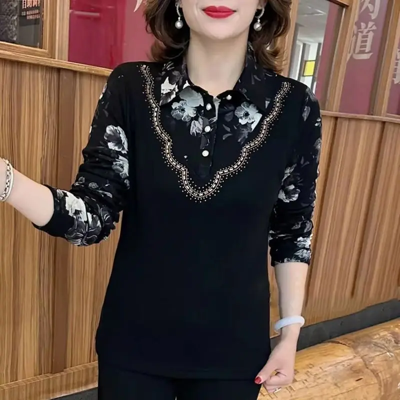 Commute Floral Printed Blouse Casual Fake Two Pieces Patchwork Autumn Winter Female Clothing Polo-Neck Stylish Diamonds Shirt