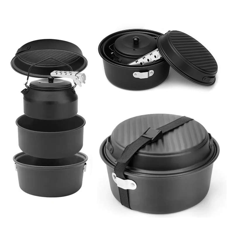 

Outdoor Camping Tableware Set Backpacking Picnic 2 Pot 1 Frypan 1 Kettle Alumina Durable Cookware Camping Hiking Picnic