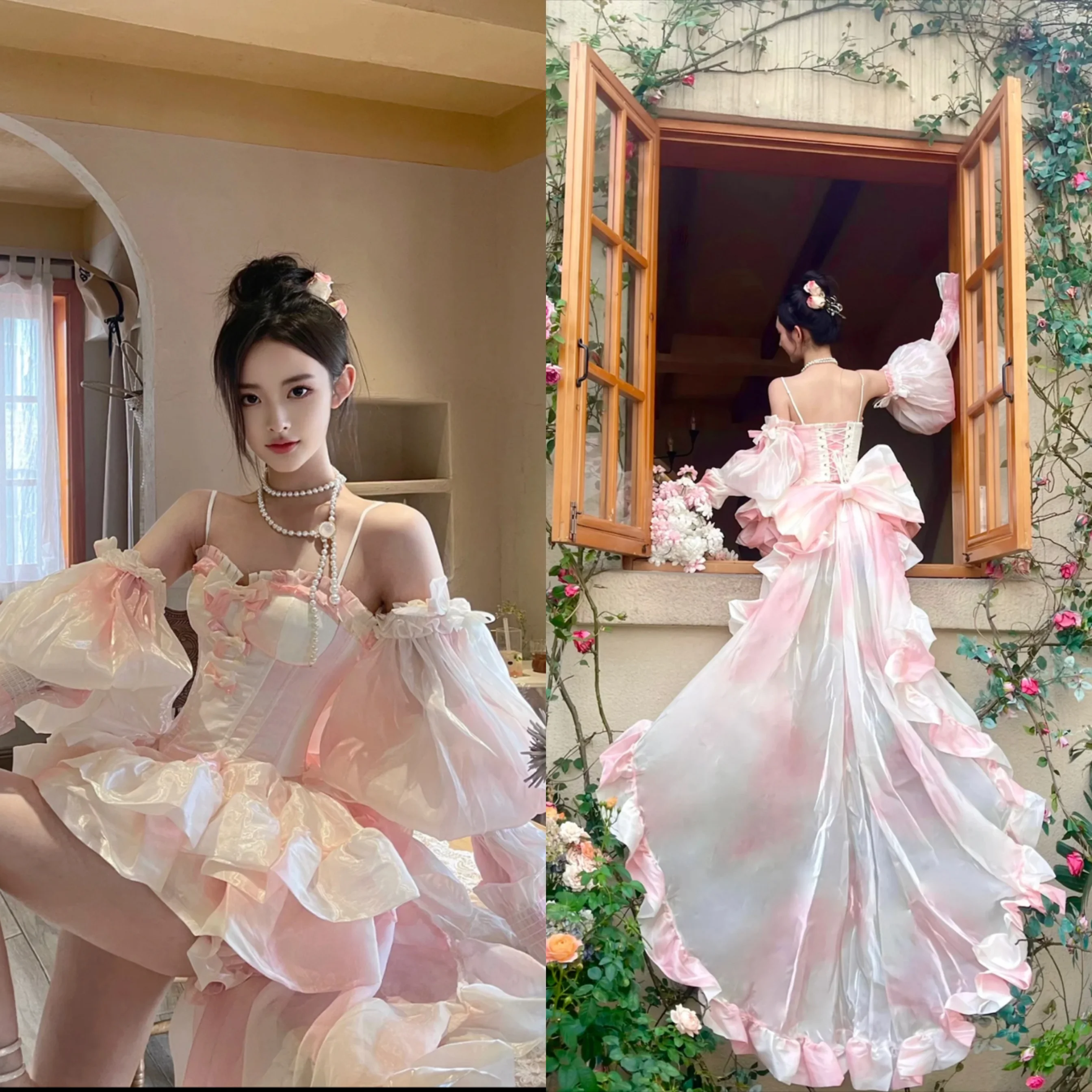 

Летний розовый комплект: пышная юбка с шлейфом и платье с одним рукавом на одно плечо, А-силуэт, с высокой талией, для девочек