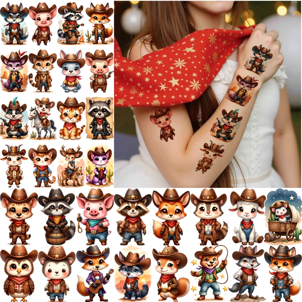 

63 шт., временные татуировки, милые иллюстрации, временные татуировки, наклейки, ковбойские животные, водонепроницаемые, долговечные наклейки на тело для