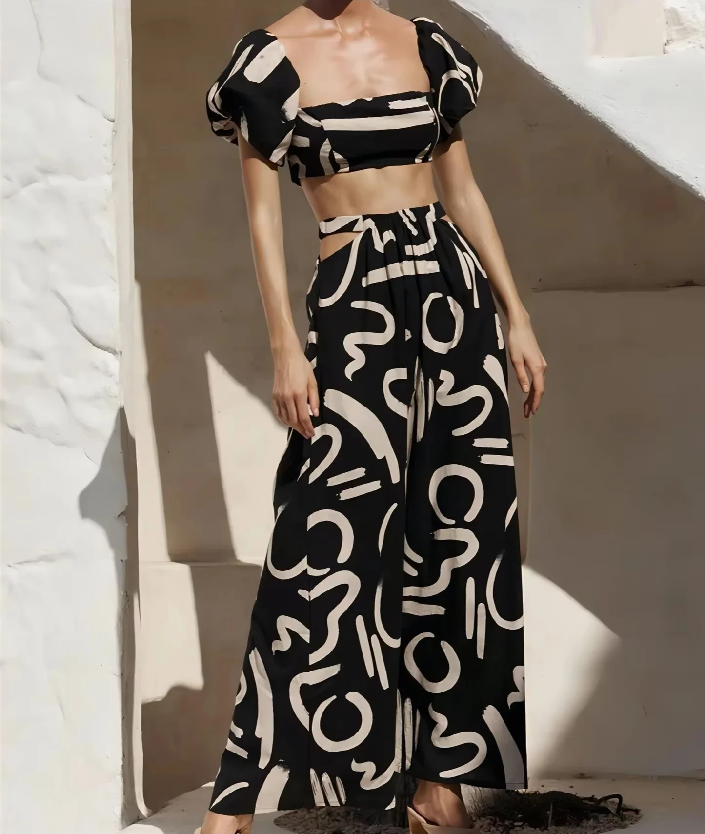 

Two Piece Sets Women Matching Sets Print Puff Dress Sets Tops Split Midi Skirt Suits Elegant Sexy Open High Waist Outfits Beach