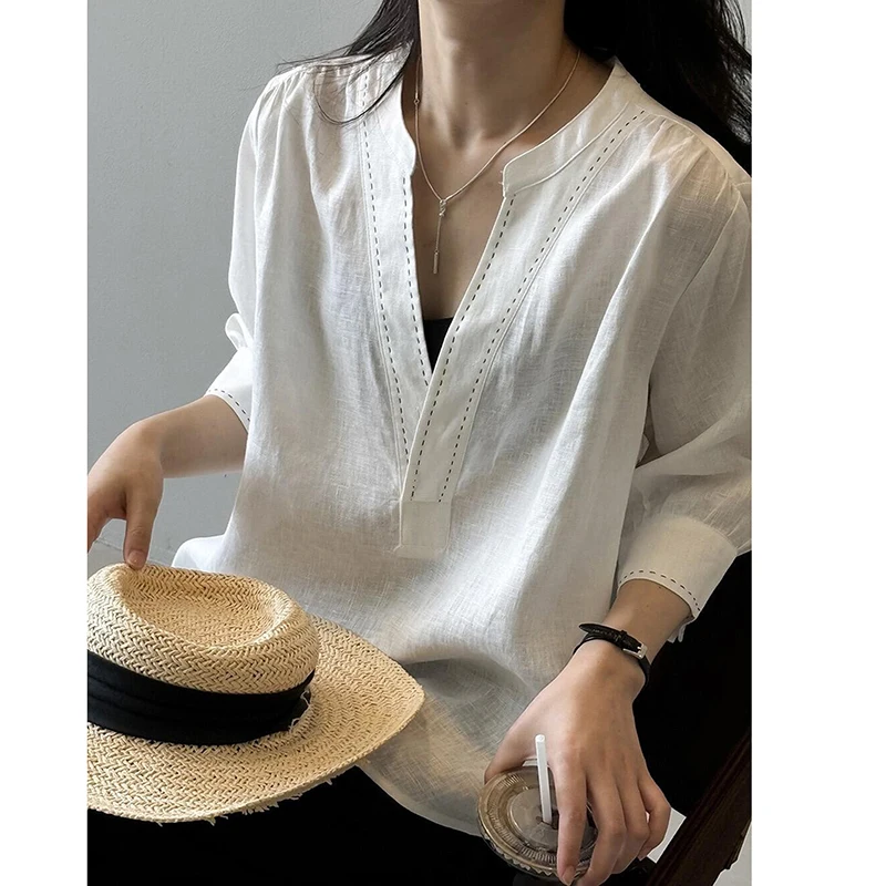 Linen V Neck White Shirts Three Quater Sleeve Loose Casual Fashion Tops Blouse Office Ladies Shirt