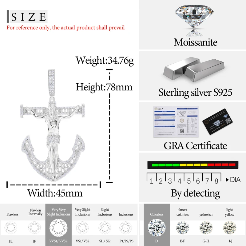 TUHE Unisex S925 Moissanite Classic Ice Out Moissanite Anchor Pendant Necklace S925 Silver For Men Hip Hop Jewelry