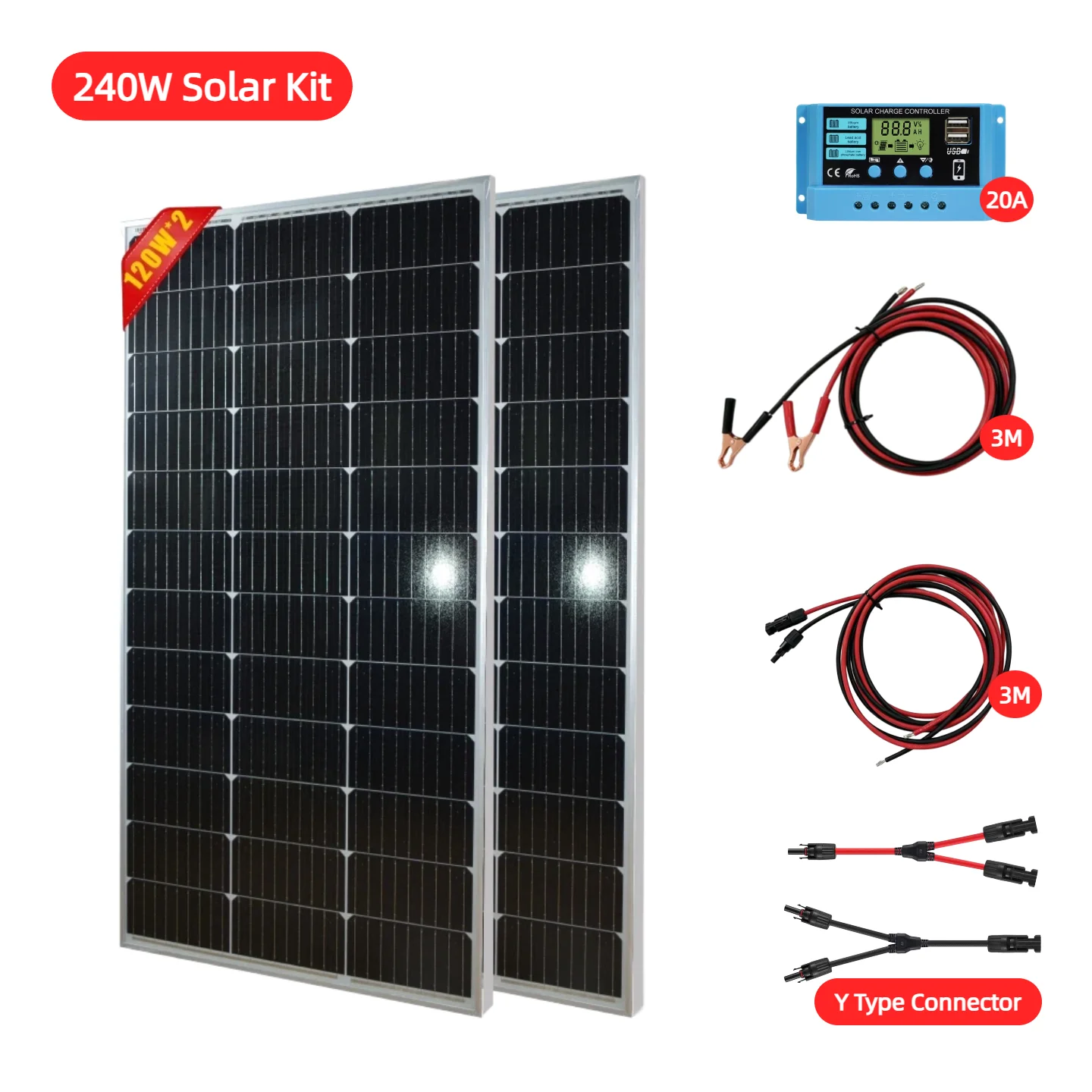 Image of 240-W-Solarsystem-Set, 2 Stück 120-W-Solarpanel aus starrem Glas, hocheffiziente Photovoltaik-PV-Module für 12-V-Batterieladegeräte, Wohnmobile, Boote, Hausdächer, Camping