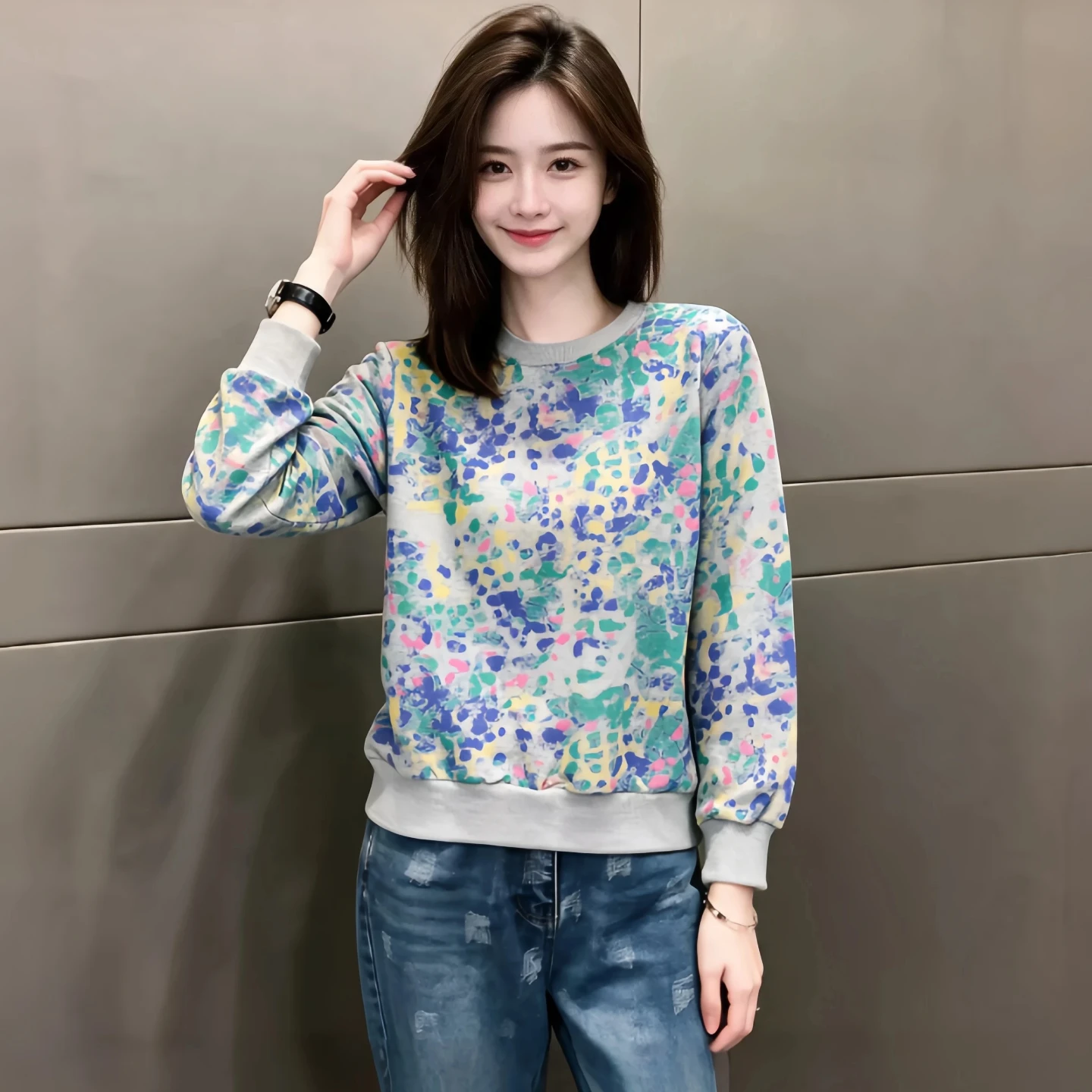 Fall 2026 Women's Loose Fit round Neck Sweatshirt Color Gradient Print Casual Long Sleeve Top Breathable Polyester Fiber