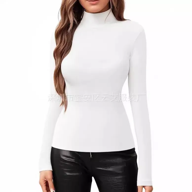 Women Solid Color T Shirt For Woman Slim Fit Knit T Shirts High Neck Form Fitting Top Black White Red Long Sleeve T Shirt