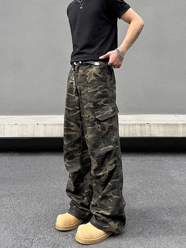 

American Retro Workwear Style Loose Fit Wide Leg Jeans Multiple Pockets Casual Straight Cut Trousers Youth Fashion Cotton Denim
