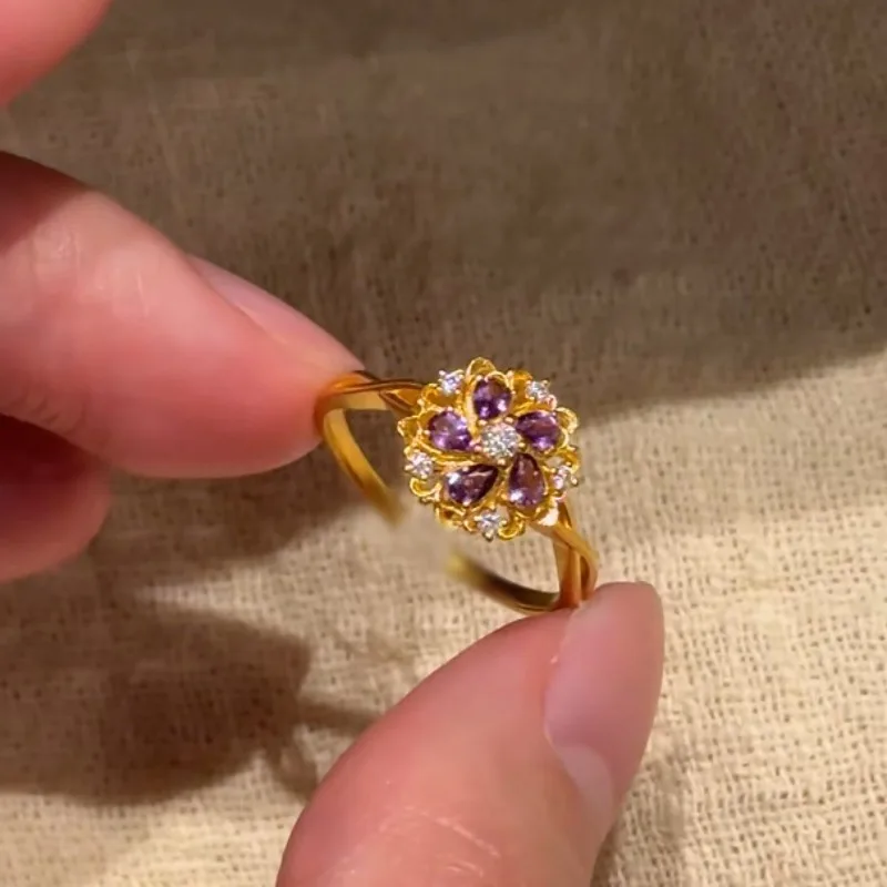 

Small purple flower rings for women fashion design creative high-end vintage diamonds inlaid ring suitable for daily jewelry