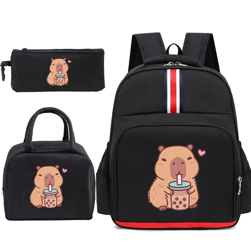 Capybaras Print Kids Backpack 3pcs Set Cute Capybara Multi-function Kids Backpack Cartoon Pencil Bag Kids Insulated Lunch Bags