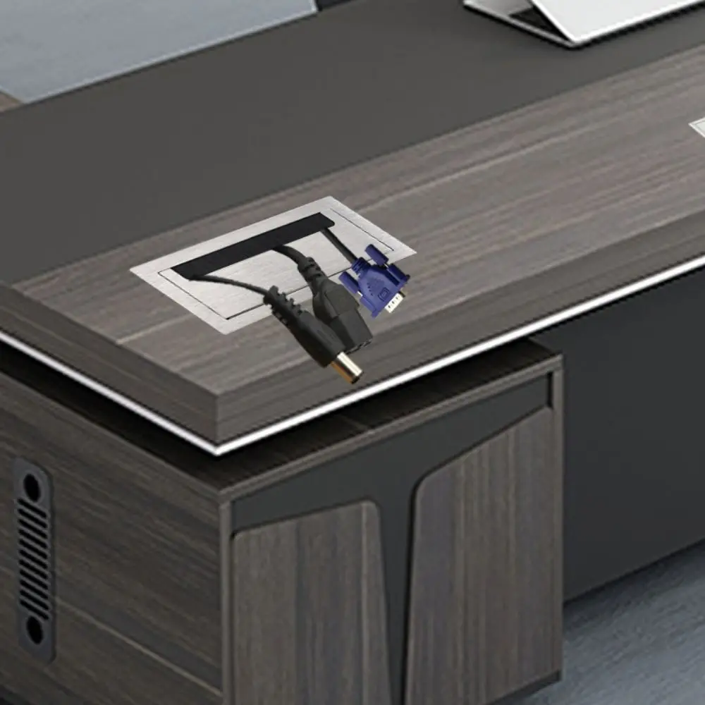 Flip Cover Conference Table Threading Box with Brush Wire Hole Cover Office Desk Wiring Box Aluminum Alloy Square