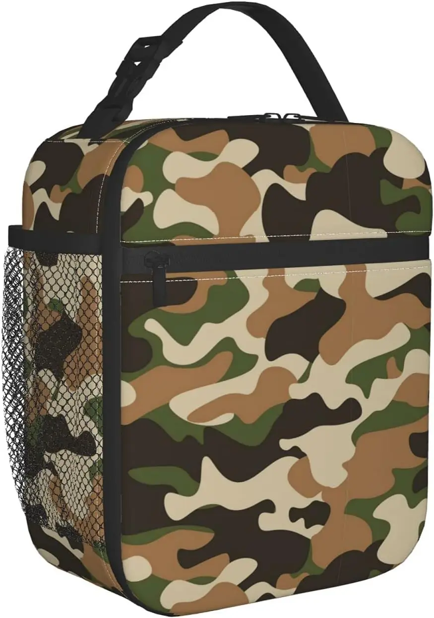 Green Camo Insulated Lunch Bag for Teen Boys Men, Reusable Leakproof Cooler Camouflage Lunch Box Bag for Kids School