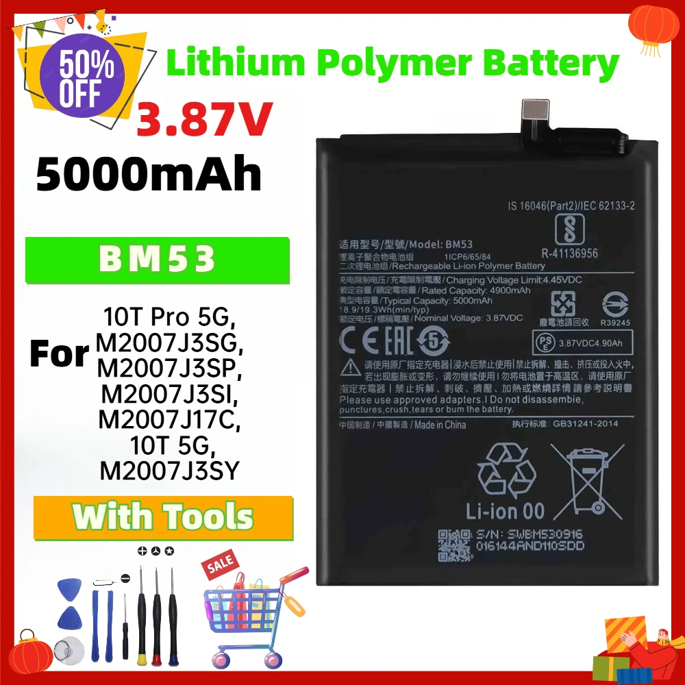 BM53 5000mAh Lithium Phone Battery for Xiaomi 10T Pro 5G,10T 5G M2007J3SG,M2007J3SP,M2007J3SI,M2007J17C,M2007J3SY with Tool Kit