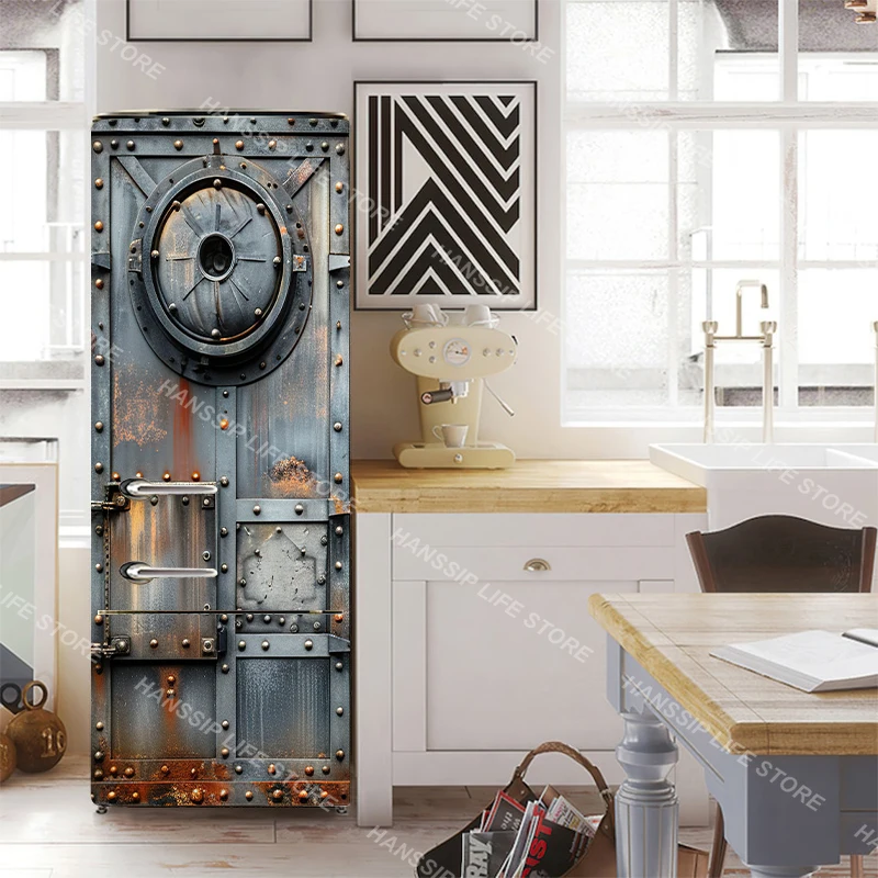 Vintage Rusty Door Design Mural Decals Kitchen Waterproof Decorative Refrigerator Cabinet Iron Steel Gate Texture Art Wallpaper
