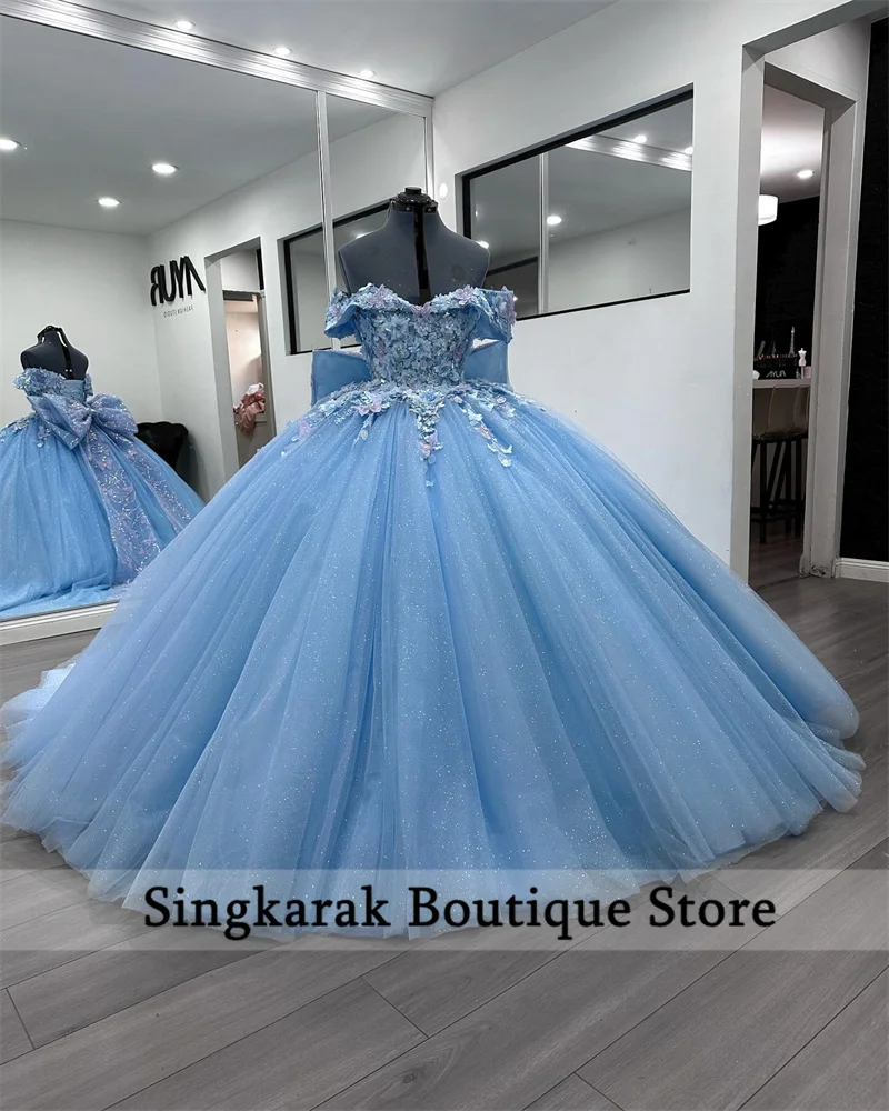 

Sky Blue Princess Quinceanera Dress Crystals Beads Appliques Butterfly Big Bow Sweet 16 Party Gowns Vestidos Ball Gown Customize