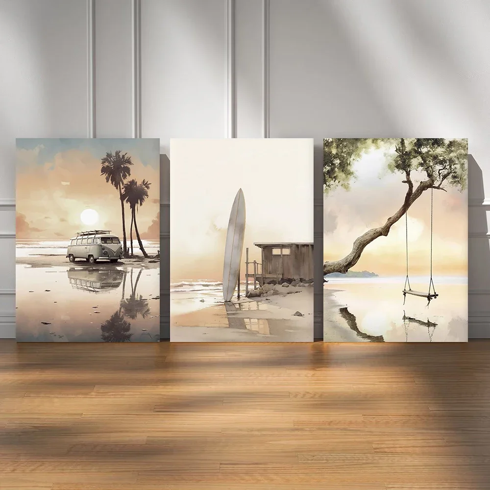 3pcs Boho Sun Lounger Abstract Beach Landscape Sea Sunset Paddle Board Canvas Painting Poster Print Home Room Wall Art
