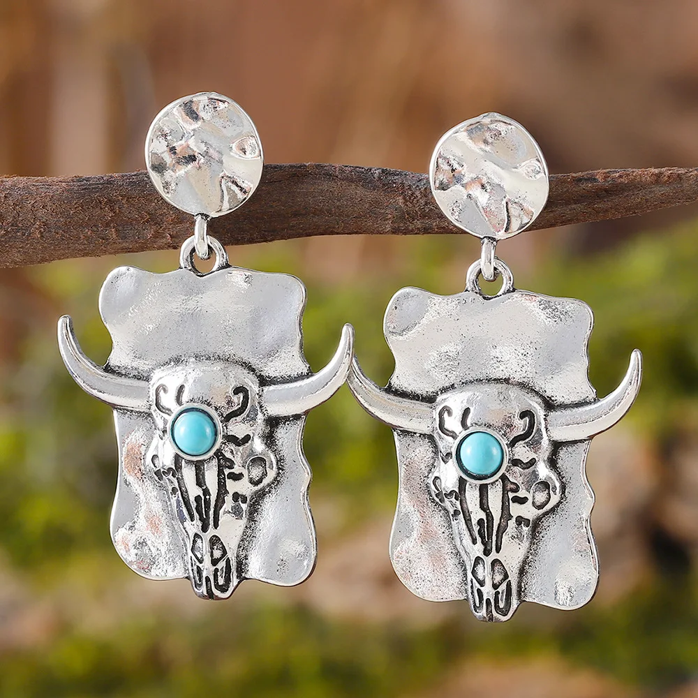 DIY accessories Cross-border Amazon retro ethnic style inlaid turquoise cow head earrings women's, personalized versatile alloy