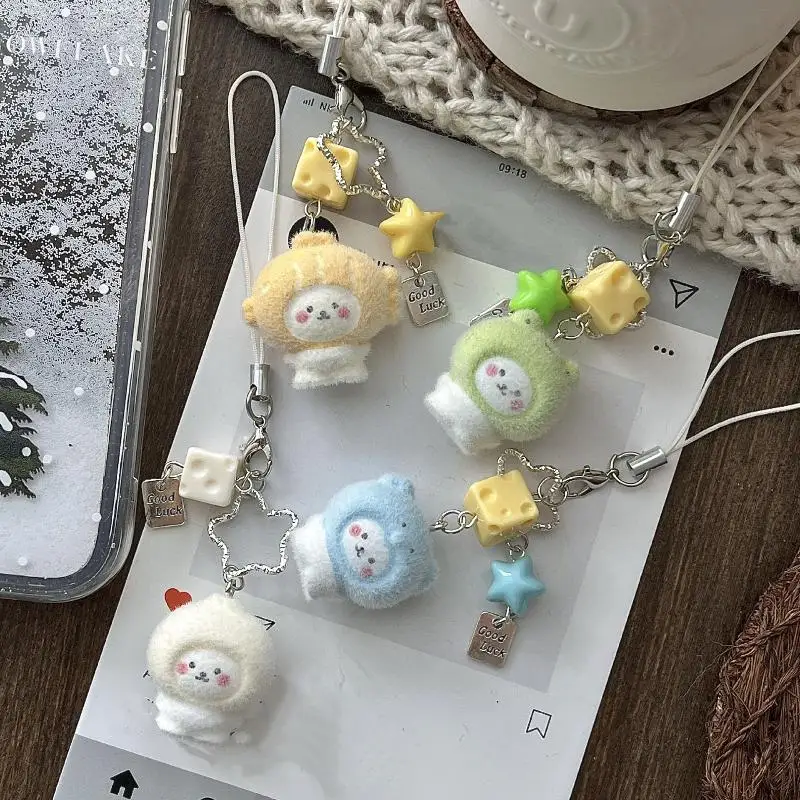 Cute Cartoon Flocking Little Bear Keychain endant Accessories Kawaii Pesin Mobile Phone Rope Pendant Backpack Decoration P Gift