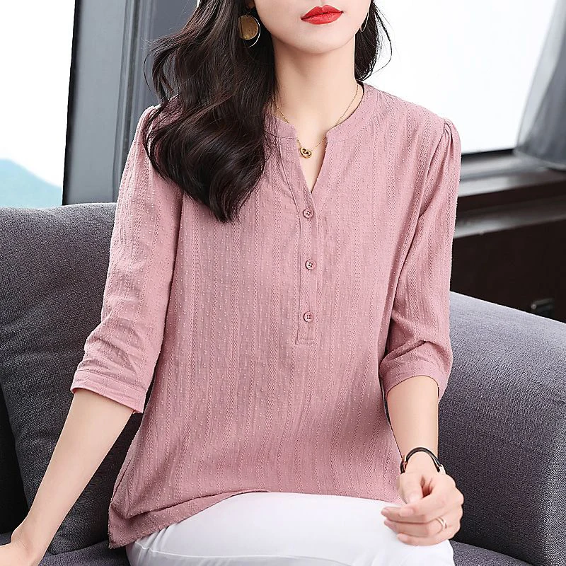 Summer New Oversized Pure Cotton Loose Shirt Ladies 3/4 Sleeve Casual Fashion Solid Pullover Tops Women Simple All-match Blouse