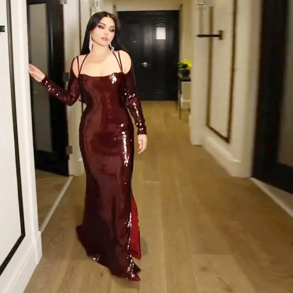 

Customized Wine Red Sequin Evening Dress Sweetheart Off the Shoulder Semi Evening Gown Side Split Mermaid vestidos de gala