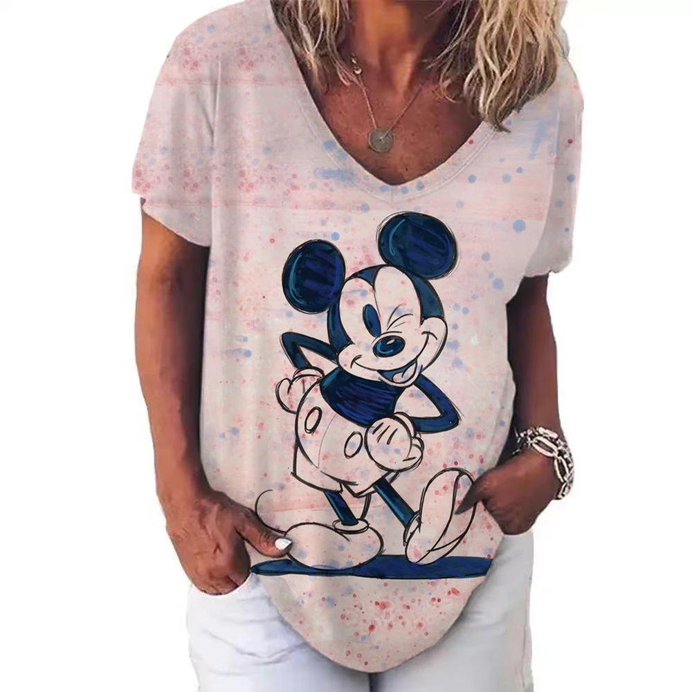 Funny Disney Mickey Mouse Print T Shirt For Women Fashion V-neck Short Sleeve Tops Summer Hot Sale Female Street Trend Slim Tees