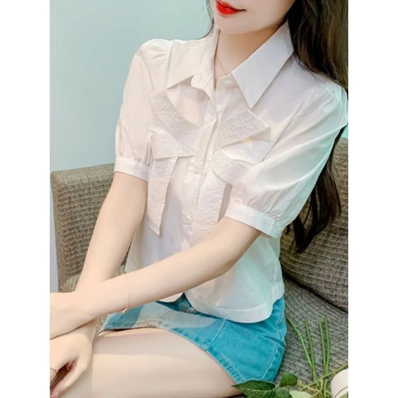 2024 Summer New Women's Blouse Solid Color Polo-Neck Button Spliced Bow Fashion Sweet Loose Puff Sleeve All-match Shirt Tops