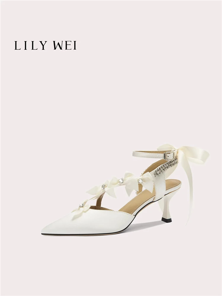 Zapatos de tacón alto para mujer, sandalias de seda con lazo y diamantes de imitación, ideales para bodas y banquetes, tallas grandes y pequeñas, con horma ancha, novedad primavera-verano.