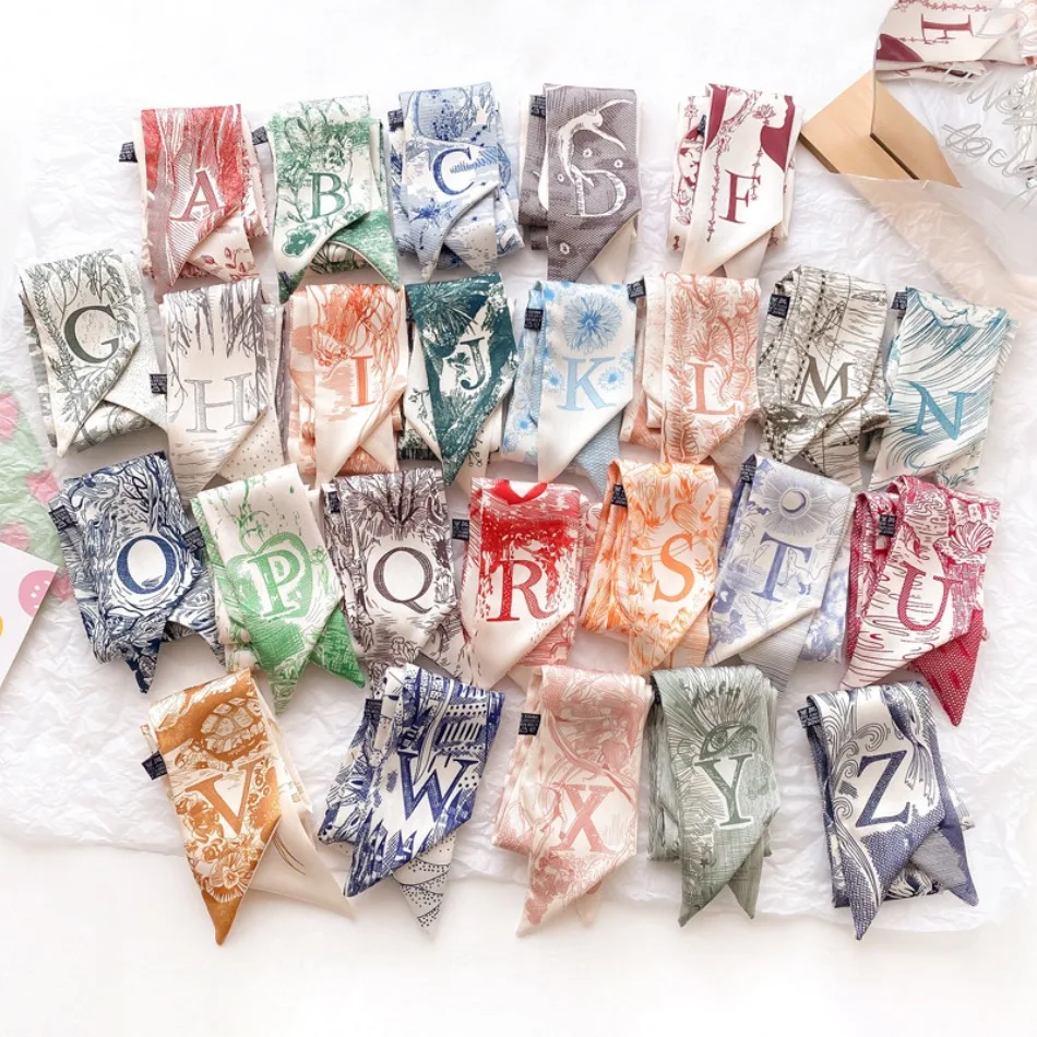 

Girls Skinny Silk Scarf for Women Letter Hair Ribbons Headbands Bandana Female Bag Wrist Wrap Neckerchief Foulard Neck Ties MD05