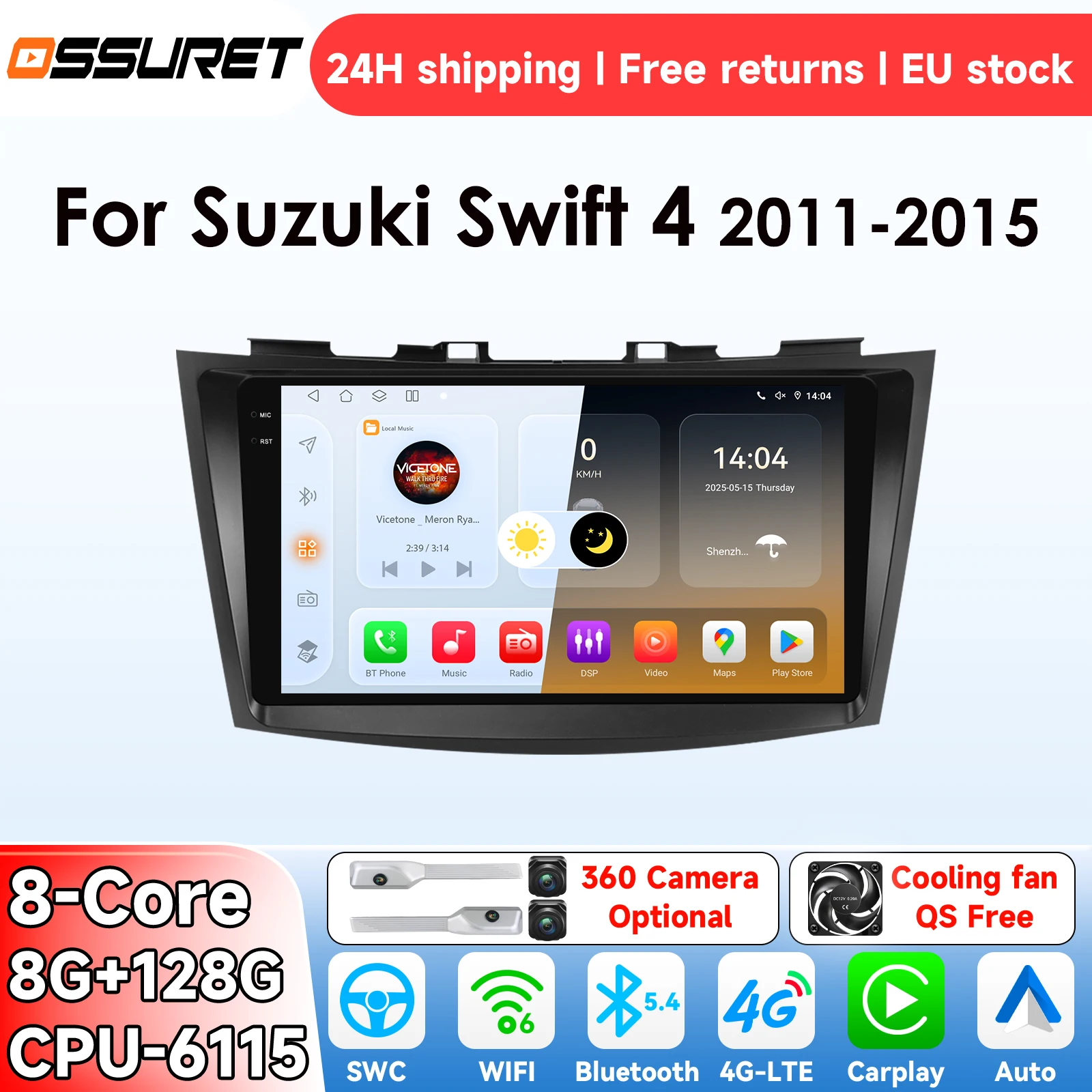OSSURET AI Android 14 Autoradio pour Suzuki Swift 4 2011-2015 Système CarPlay intelligent Lecteur vidéo multimédia pour voiture GPS 4G 6115