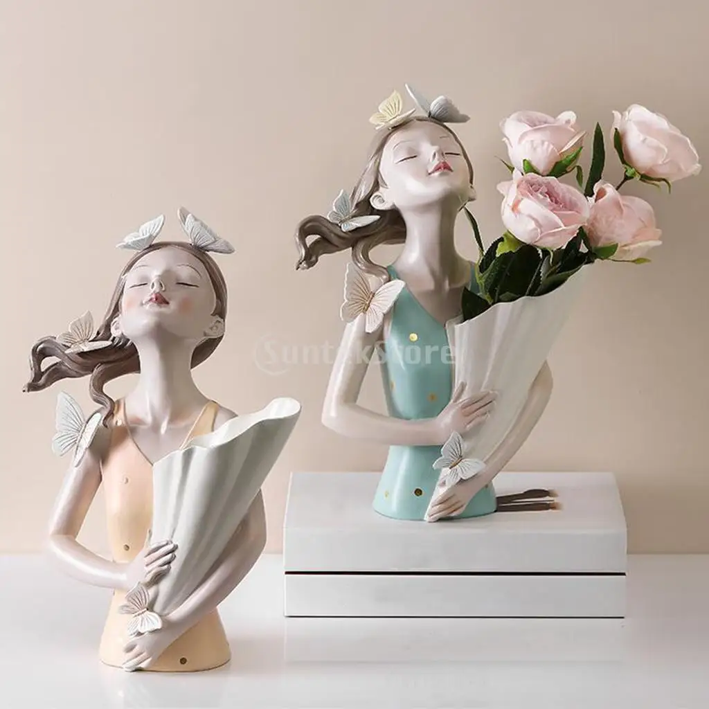 Nordic Butterfly Bouquet Girl Sculpture Statue Floral Vases TV Cabinet Living Room Entrance Flower Arrangement Home Decoration