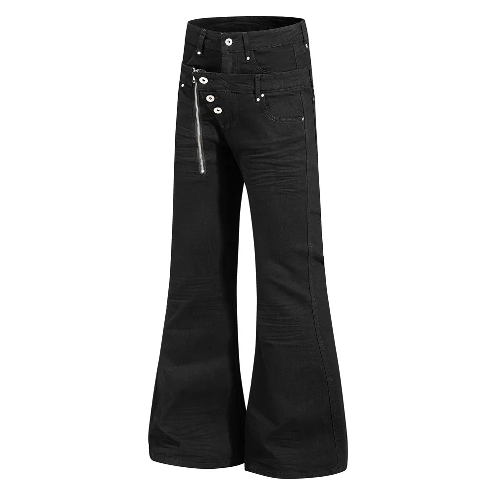 MWJLPWQ Double-Waisted Flared Jeans For Men Hippie Style Trendy Irregular Zipper Design Unique Niche Wide-Leg Trousers 20126