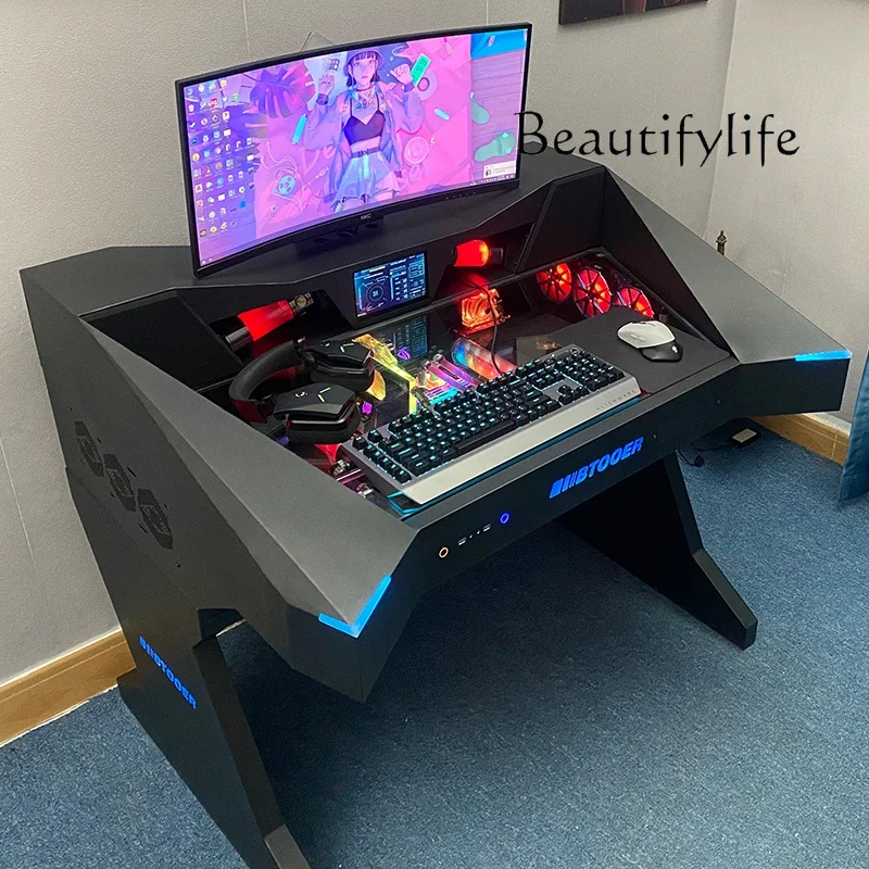 fully Computer chassis integrated table  transparent water-cooled large chassis high-end cool special-shaped computer desk