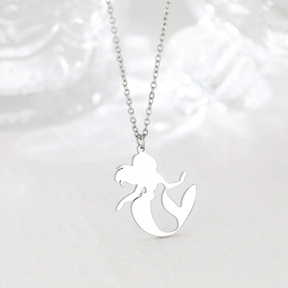 Stainless Steel Necklaces Cute Cartoon Fairy Tale Mermaid Pendant Children Girl Chain Fashion Necklace For Women Jewelry Teen